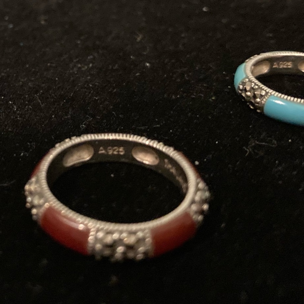 Set of 6 Sterling Silver Marcasite and Gemstone Inlay Band Rings - Picture 6 of 7
